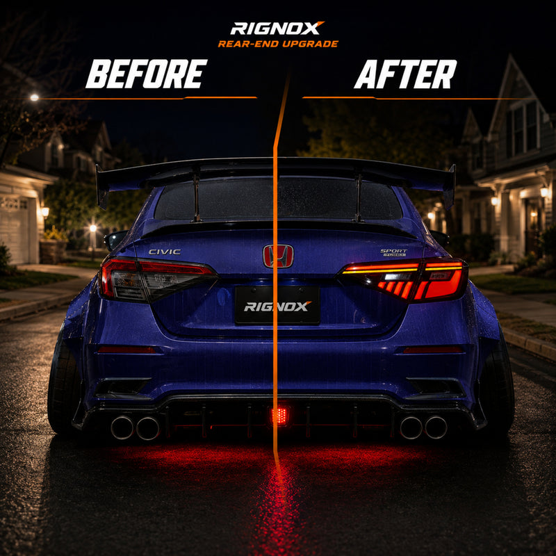 2022-2026 Honda Civic 11th Gen Sedan Sequential LED Tail Lights — smoked before after house rear view 14 78e3dd52 16fe 4b55 - T-CIV11-BL-SW