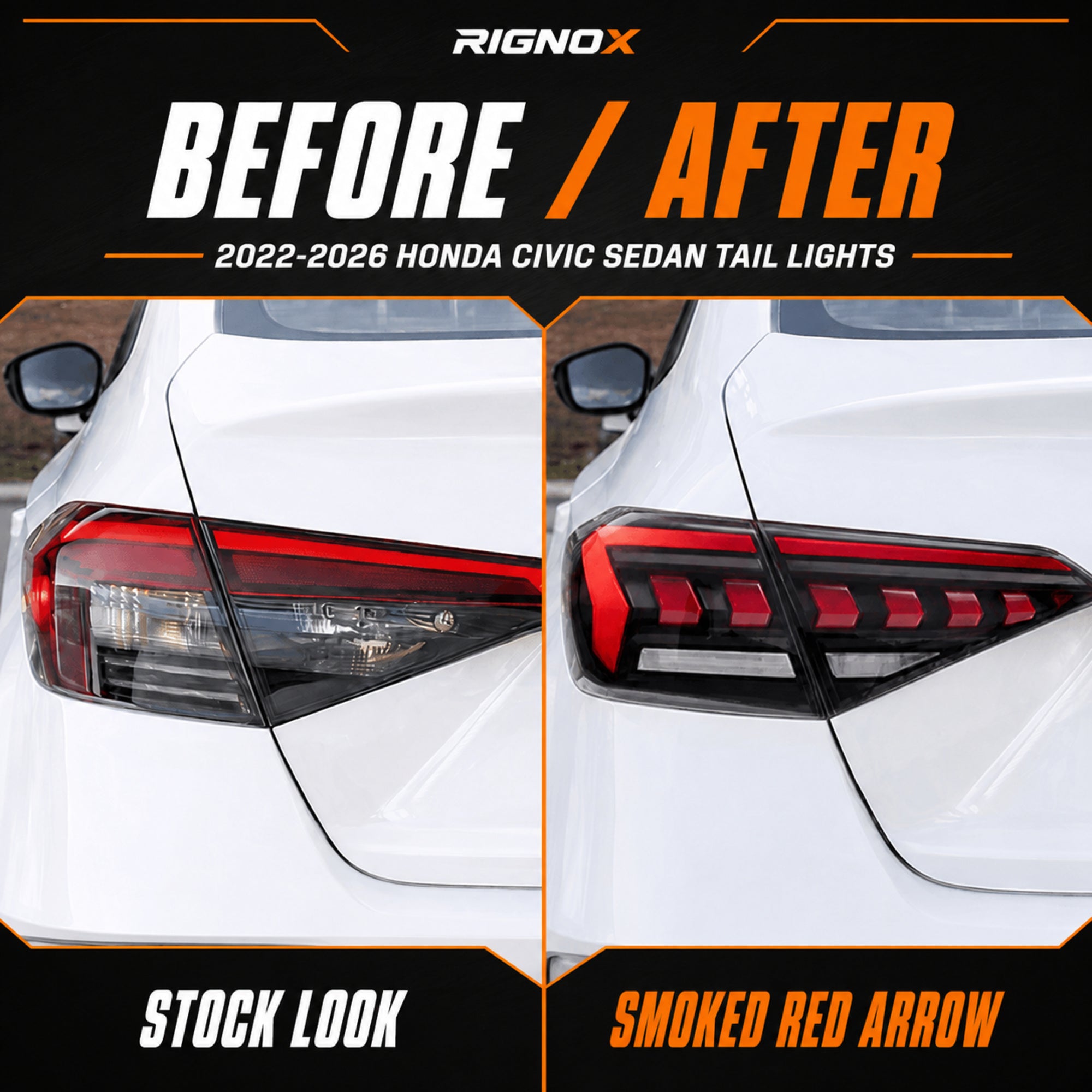2022-2026 Honda Civic 11th Gen Sedan Sequential LED Tail Lights — smoked red arrow comparison - T-CIV11-AR-SR