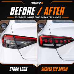 2022-2026 Honda Civic 11th Gen Sedan Sequential LED Tail Lights — smoked red arrow comparison - T-CIV11-AR-SR