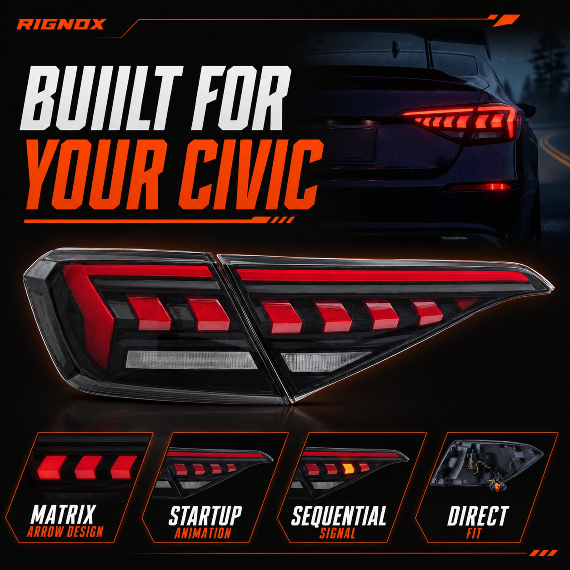 2022-2026 Honda Civic 11th Gen Sedan Sequential LED Tail Lights — smoked red arrow summary - T-CIV11-AR-SR