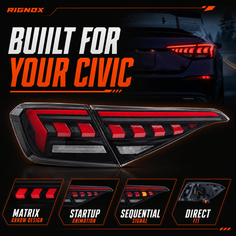 2022-2026 Honda Civic 11th Gen Sedan Sequential LED Tail Lights — smoked red arrow summary - T-CIV11-AR-SR