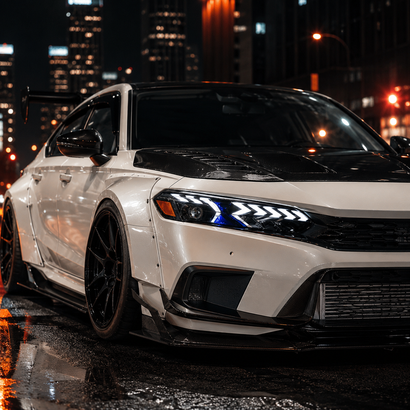 2022-2026 Honda Civic 11th Gen LED Projector Headlights — LED projector pearl white widebody downtown 45 - H-CIV11-A