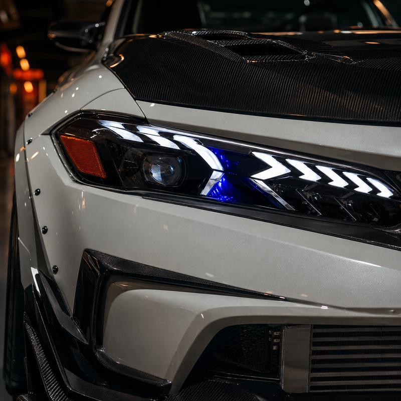 2022-2026 Honda Civic 11th Gen LED Projector Headlights — LED projector pearl white widebody headlight closeup - H-CIV11-A