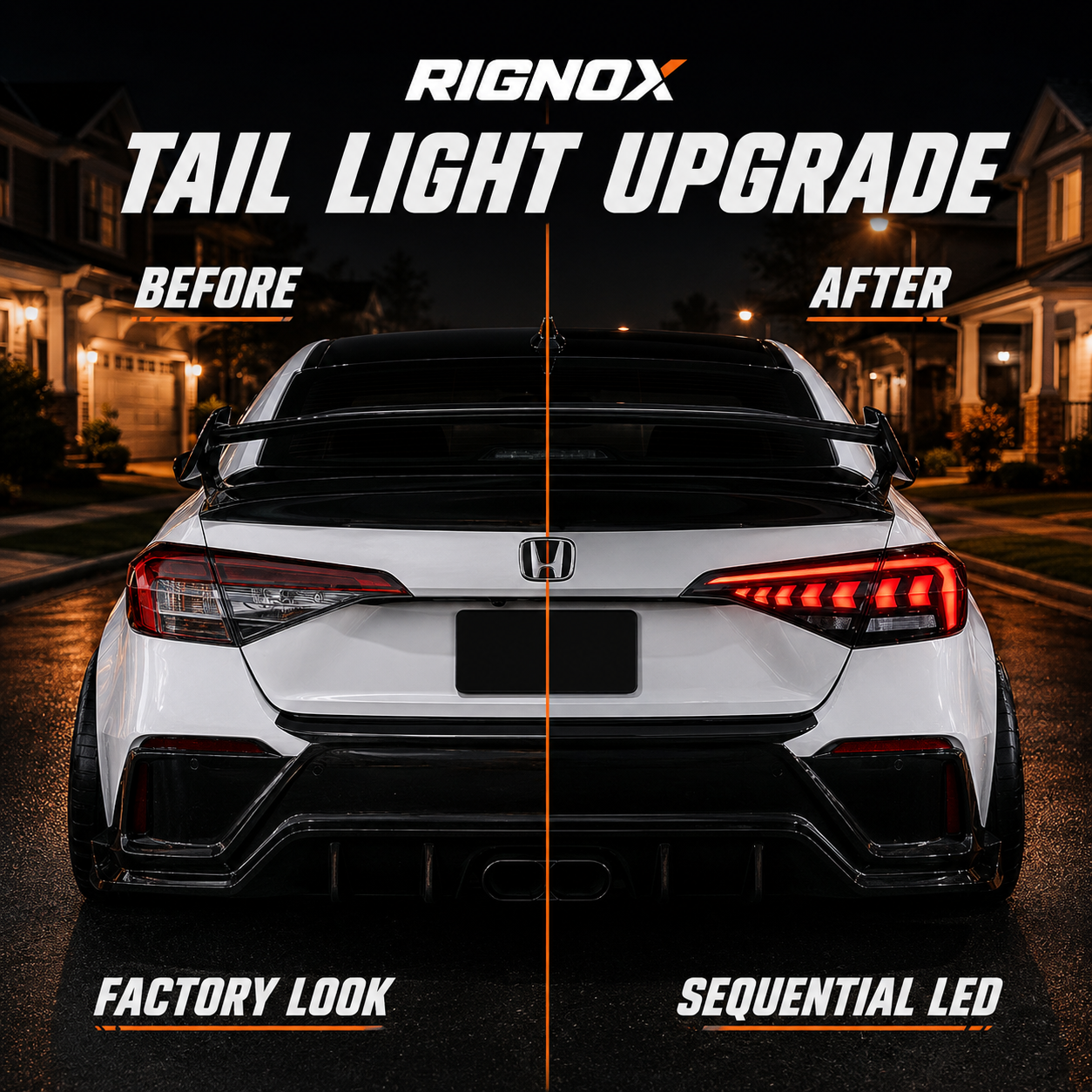 2022-2026 Honda Civic 11th Gen Sedan Sequential LED Tail Lights — before and after at night — T-CIV11-AR-SR