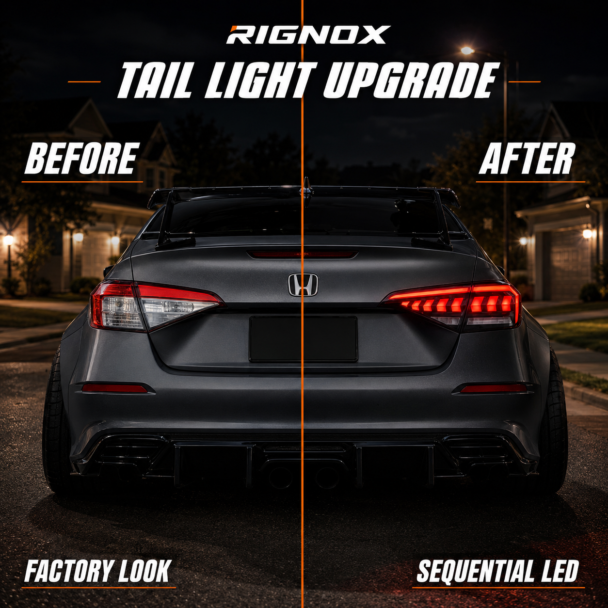 2022-2026 Honda Civic 11th Gen Sedan Sequential LED Tail Lights — before and after at night — T-CIV11-AR-SW