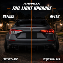 2022-2026 Honda Civic 11th Gen Sedan Sequential LED Tail Lights — before and after at night — T-CIV11-AR-SW