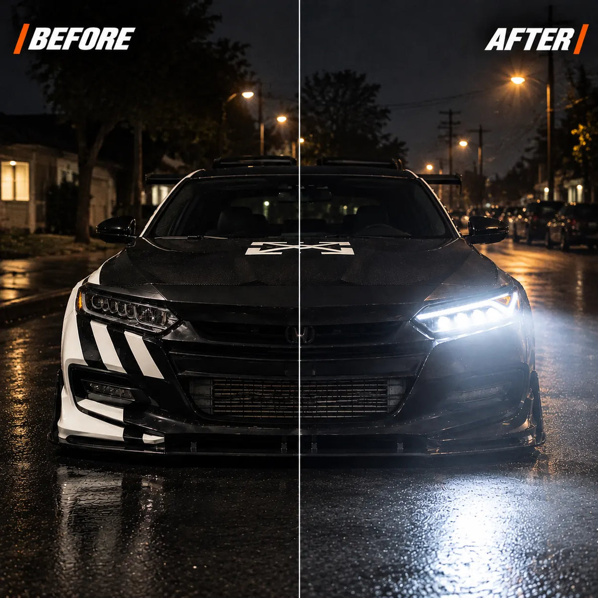 2023-2026 Honda Accord LED Quad Projector Headlights Assembly — Pair — before and after comparison — H-ACC11