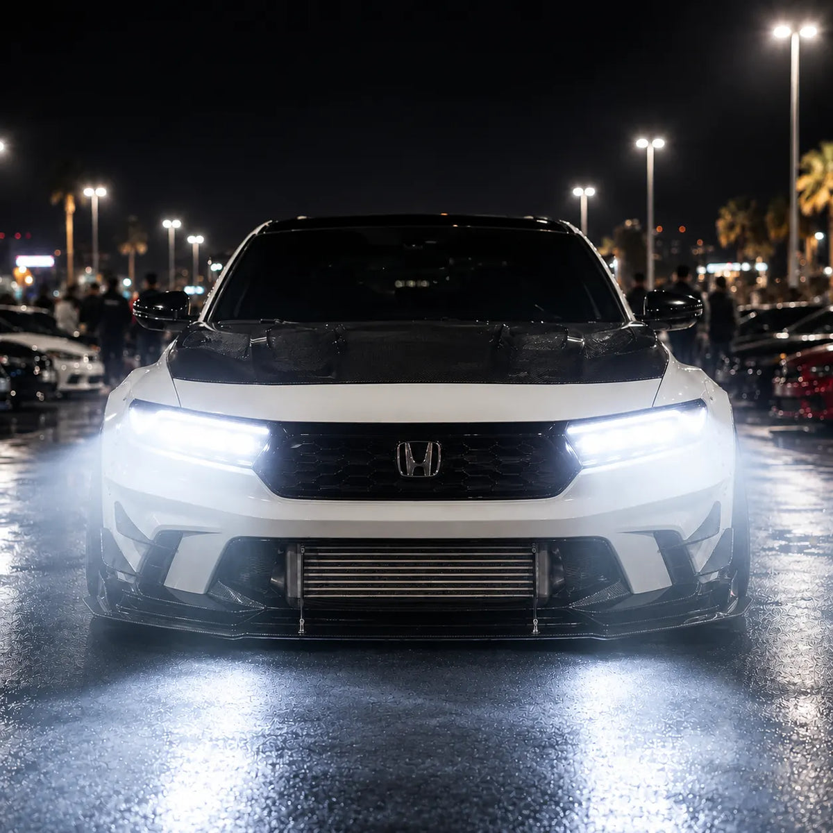 2023-2026 Honda Accord LED Quad Projector Headlights Assembly — Pair — front view beams illuminated — H-ACC11
