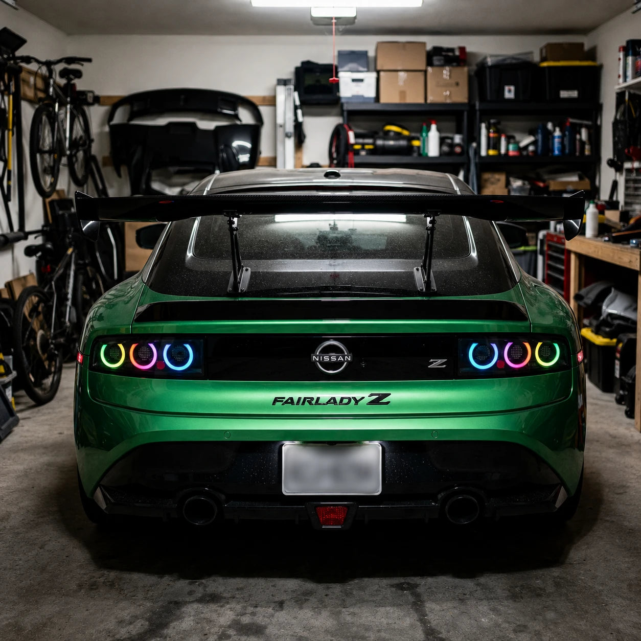 2023-2026 Nissan Z (400Z) RZ34 Triple Halo Sequential LED Tail Lights Assembly — garage rear view — 
T-400Z23-RGB