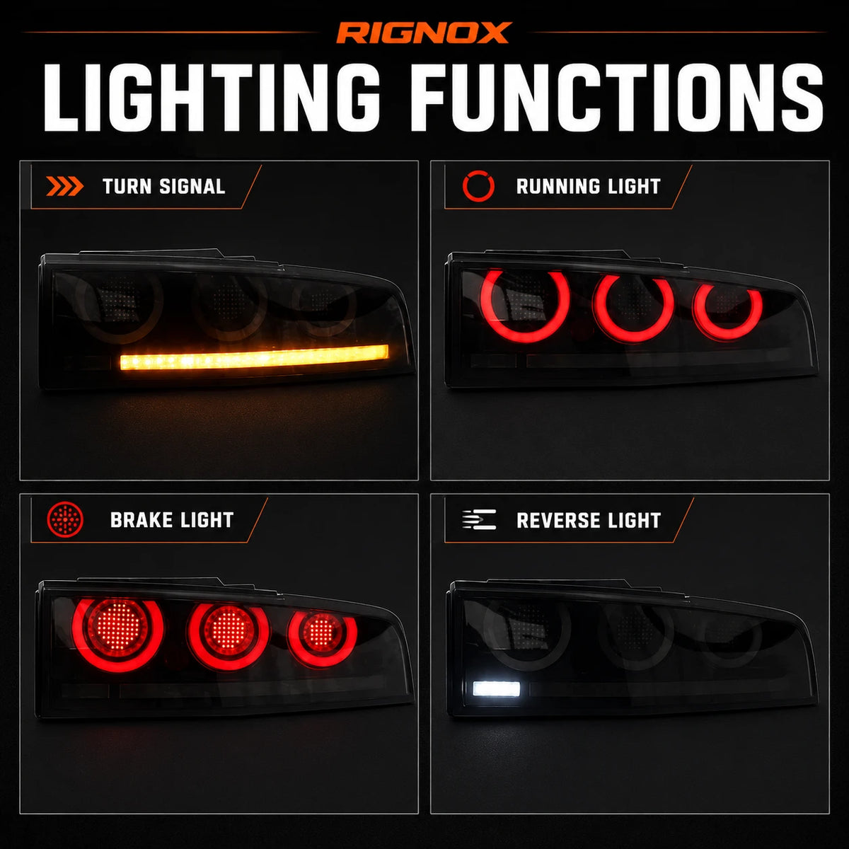 2023-2026 Nissan Z (400Z) RZ34 Triple Halo Sequential LED Tail Lights Assembly — light function — 
T-400Z23-RGB
