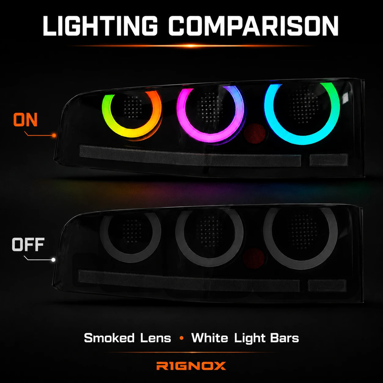 2023-2026 Nissan Z (400Z) RZ34 Triple Halo Sequential LED Tail Lights Assembly — lit unlit comparison — 
T-400Z23-RGB