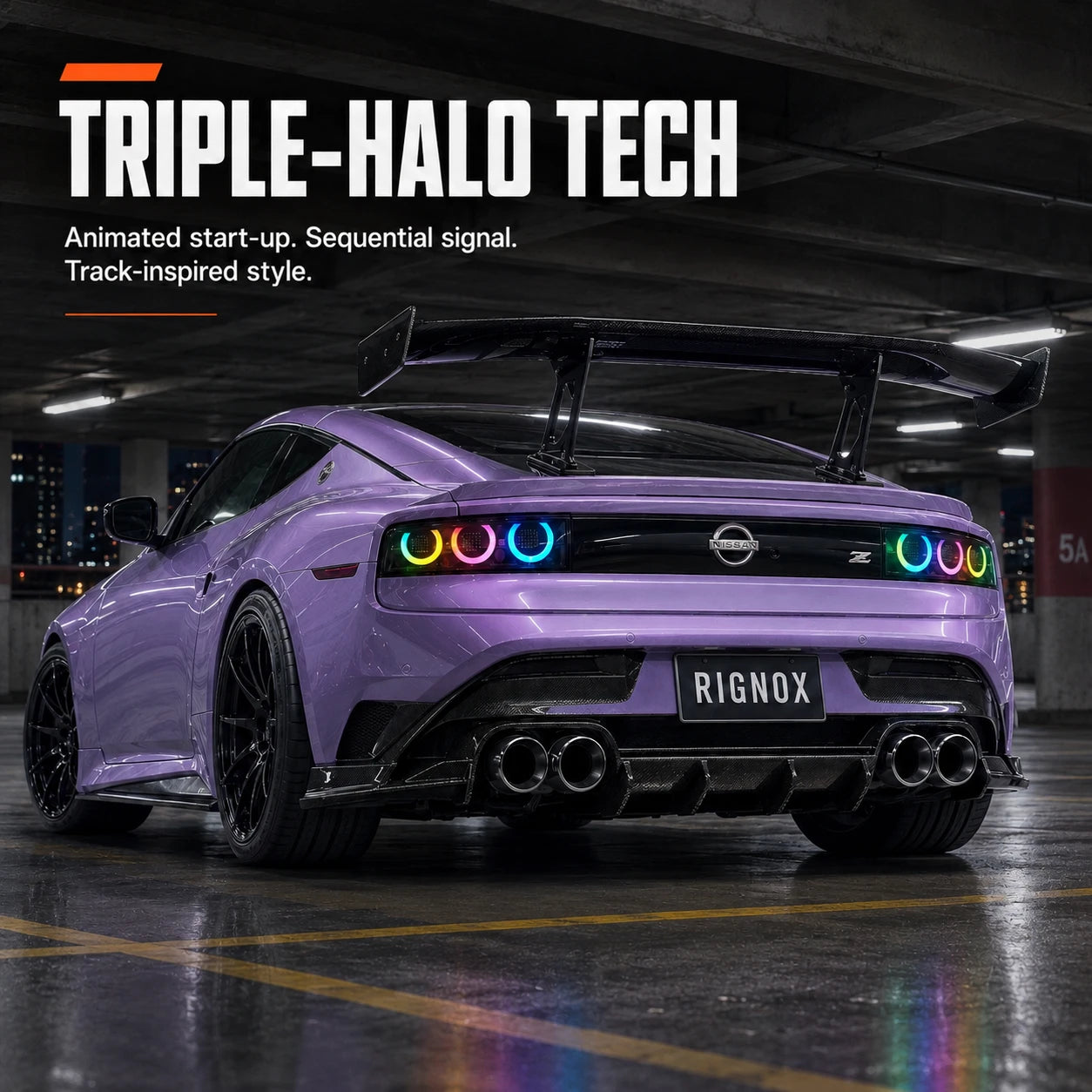 2023-2026 Nissan Z (400Z) RZ34 Triple Halo Sequential LED Tail Lights Assembly — parking lot view — 
T-400Z23-RGB