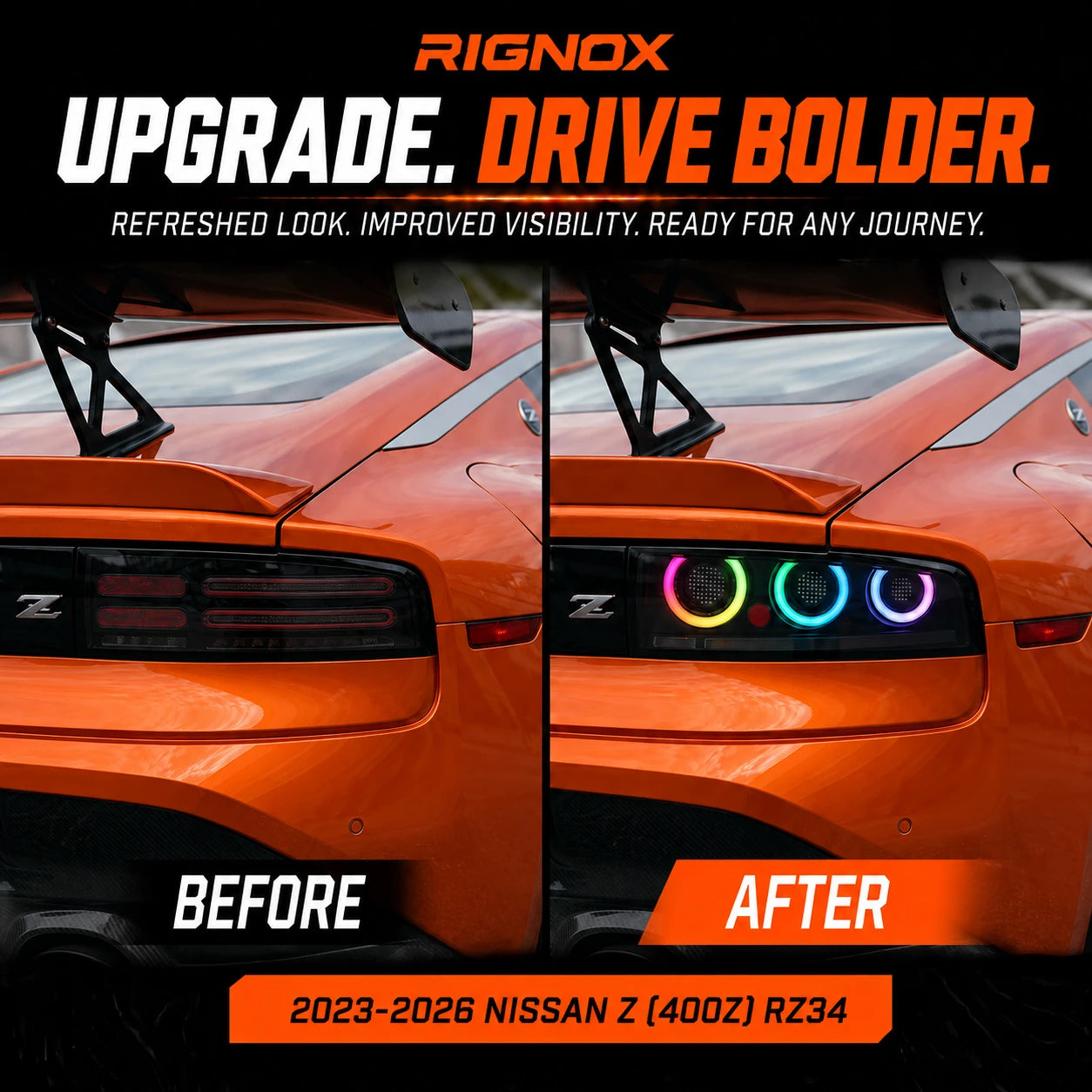 2023-2026 Nissan Z (400Z) RZ34 Triple Halo Sequential LED Tail Lights Assembly — upgrade comparison — 
T-400Z23-RGB