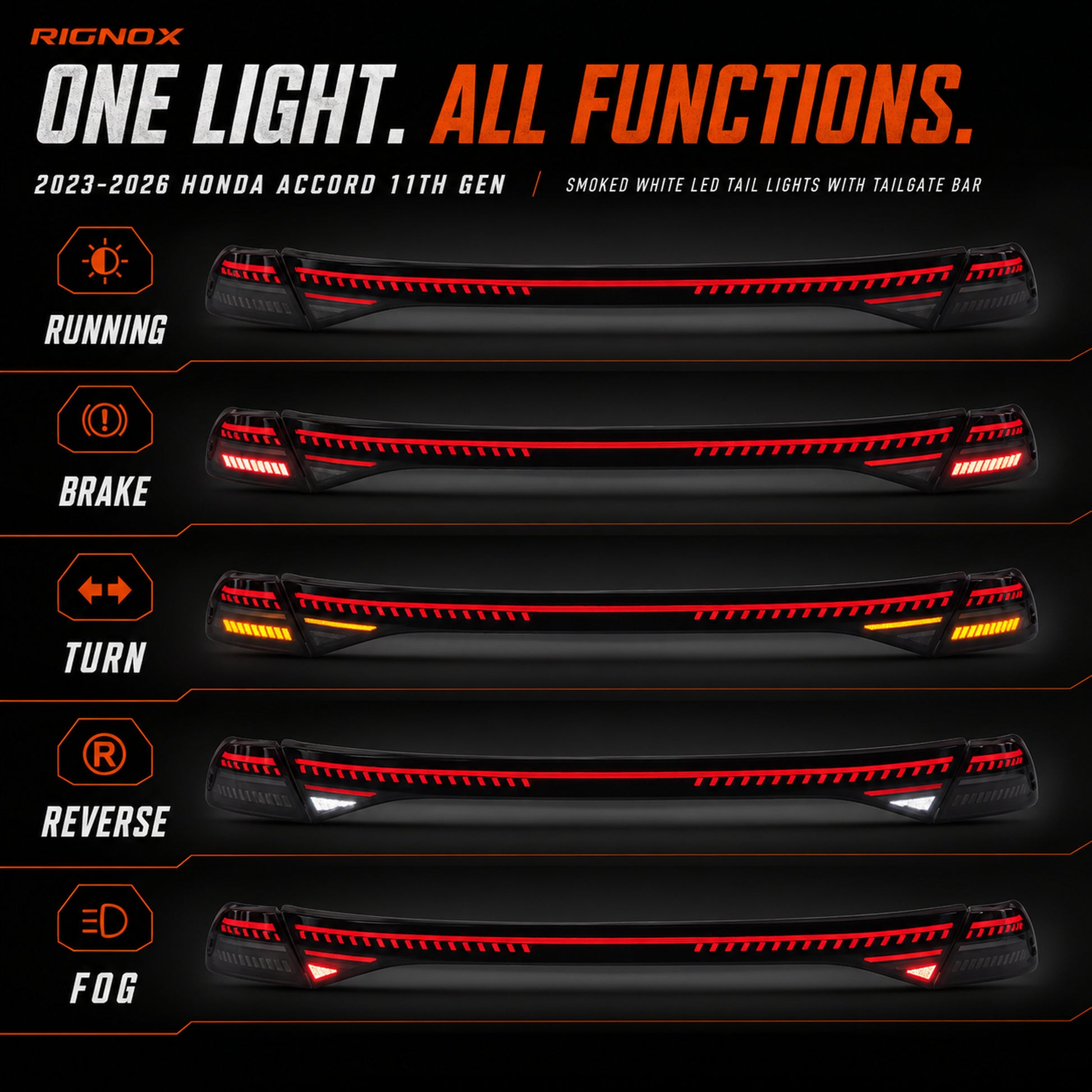 2023-2026 Honda Accord 11th Gen Sequential LED Tail Lights — smoked white function display - T-ACC11-SW