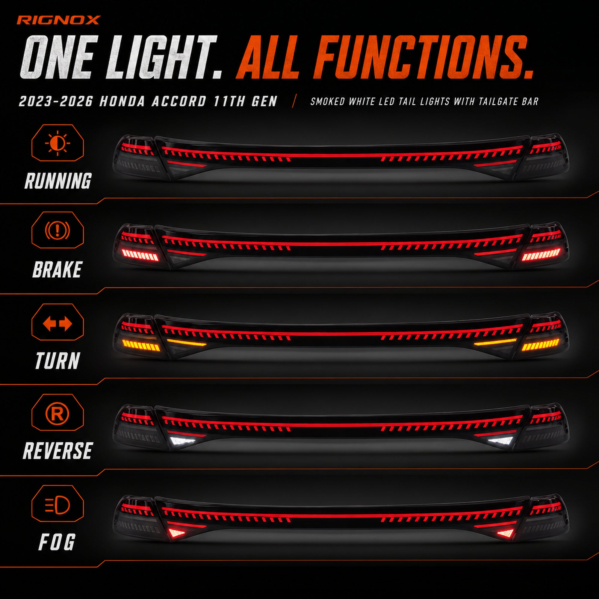 2023-2026 Honda Accord 11th Gen Sequential LED Tail Lights — smoked white function display - T-ACC11-SW