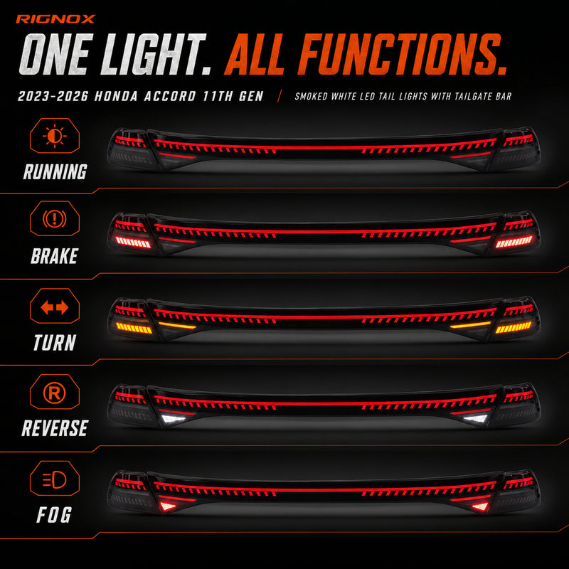 2023-2026 Honda Accord 11th Gen Sequential LED Tail Lights — smoked white function display - T-ACC11-SW