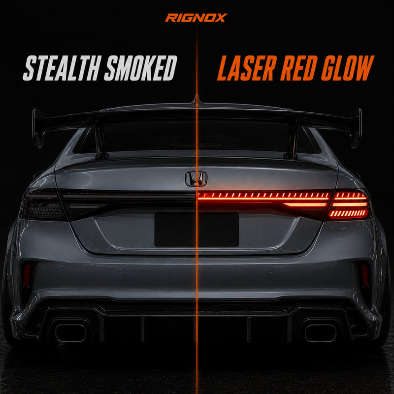2023-2026 Honda Accord 11th Gen Sequential LED Tail Lights — smoked red LED lit unlit comparison - T-ACC11-SR
