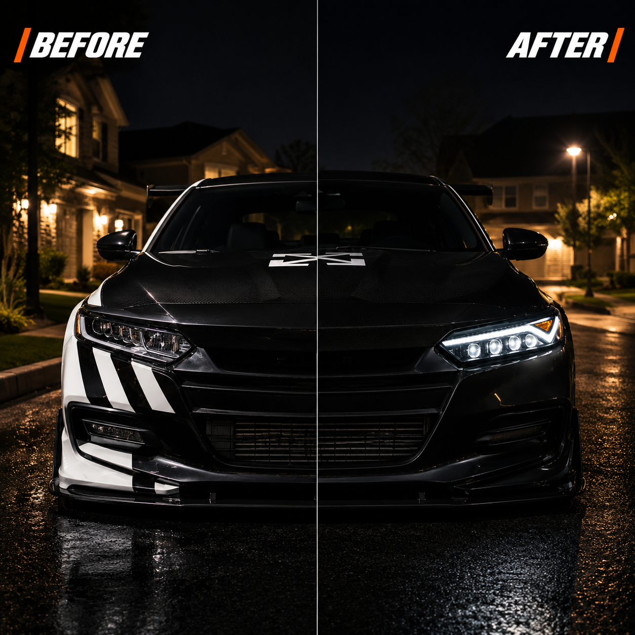 2023-2026 Honda Accord LED Quad Projector Headlights — before and after at night — H-ACC11