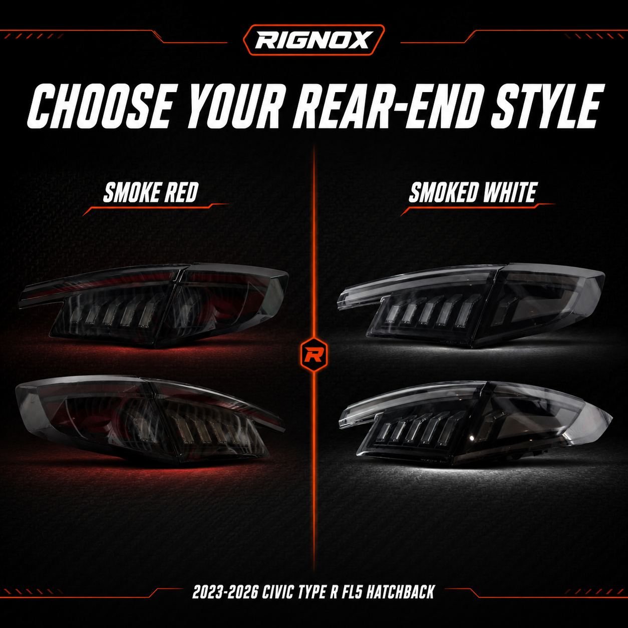 2022-2026 Honda Civic Hatchback Sequential LED Tail Lights — smoke red vs smoked white comparison - T-CIVR-SR