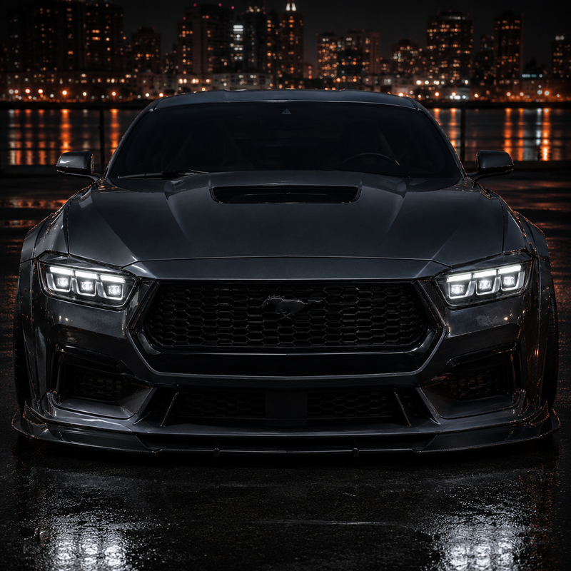 2024-2026 Ford Mustang S650 LED Triple Projector Headlights — chrome trim installed front view 02 be90d96d a442 4e36 8bdc - H-MUS24-CH