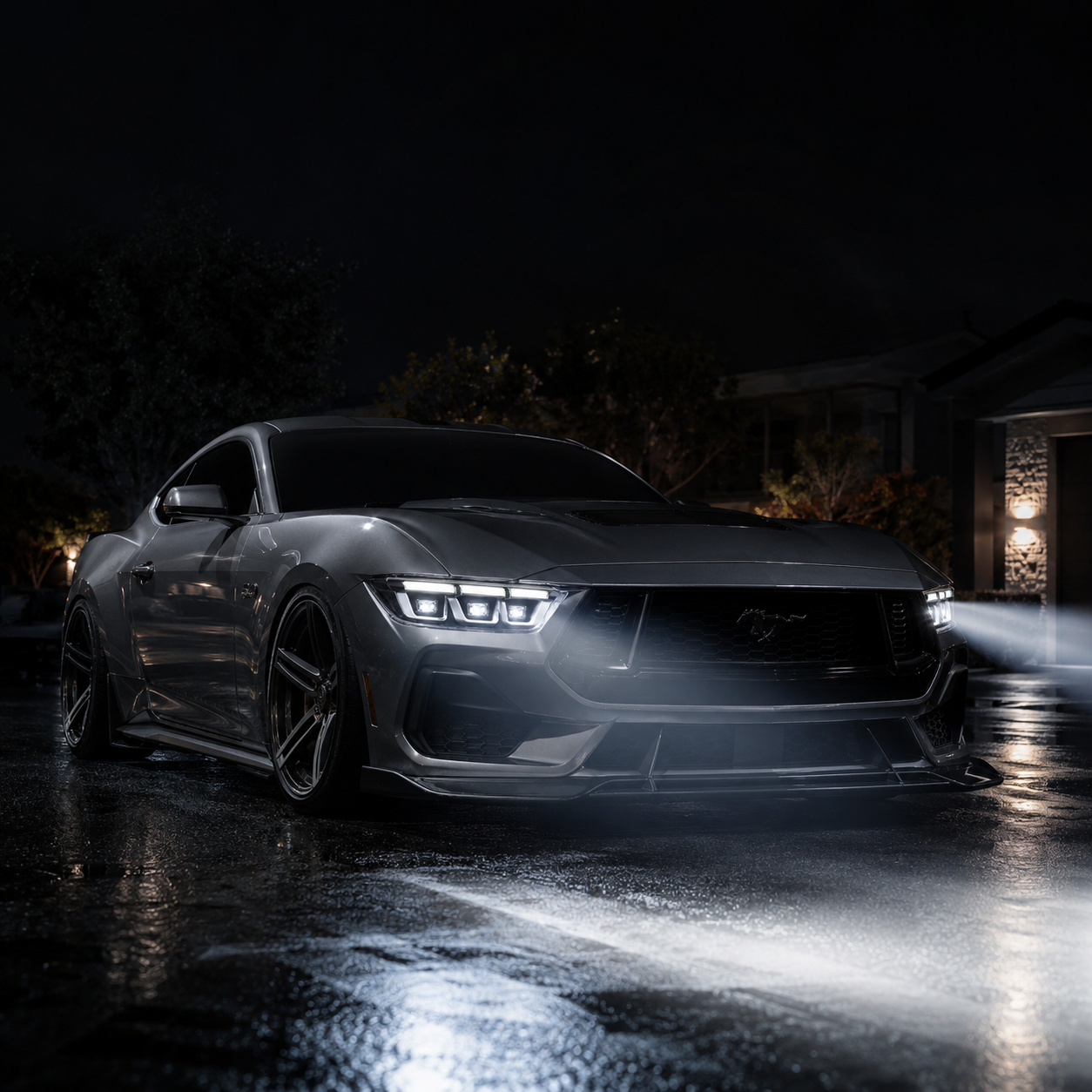 2024-2026 Ford Mustang S650 LED Triple Projector Headlights — chrome trim night street 07 c45e503d 93fd 4eab 9d27 - H-MUS24-CH