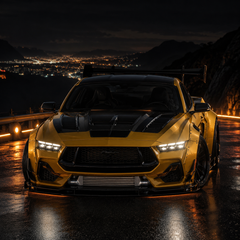 2024-2026 Ford Mustang S650 LED Triple Projector Headlights — gloss black mountain night front view - H-MUS24-BK