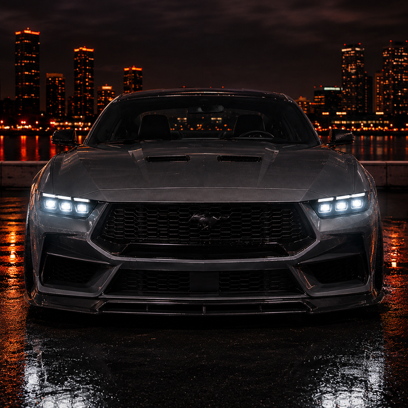 2024-2026 Ford Mustang S650 LED Triple Projector Headlights — gloss black trim installed front view 02 7a7604a5 638b 47c3 - H-MUS24-BK