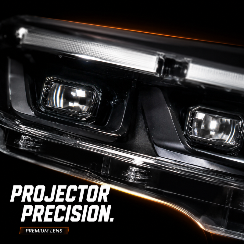 2024-2026 Ford Mustang S650 LED Triple Projector Headlights — gloss black trim lens close up 05 604fd283 864f 4386 b82e - H-MUS24-BK