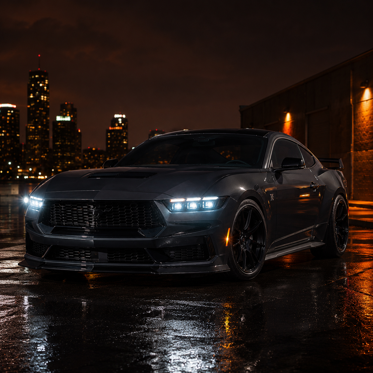 2024-2026 Ford Mustang S650 LED Triple Projector Headlights — gloss black trim night street 07 700703cd 7b66 4cbe a7b8 - H-MUS24-BK