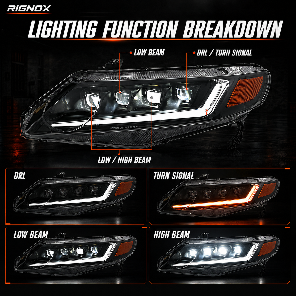 2006-2011 Honda Civic 8th Gen Sedan LED Multi Projector Headlights — product view 16 - H-CIV8-4P