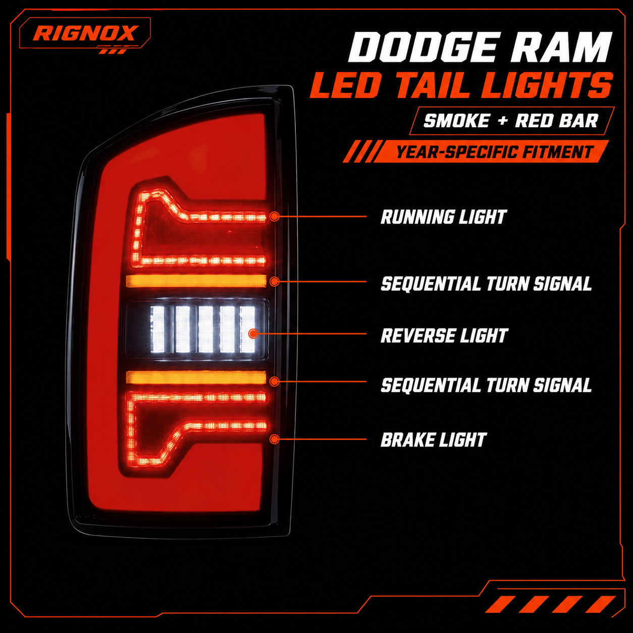 2002-2008 Dodge Ram Sequential LED Tail Lights — smoke red bar function 01 no year - T-RAM07-08