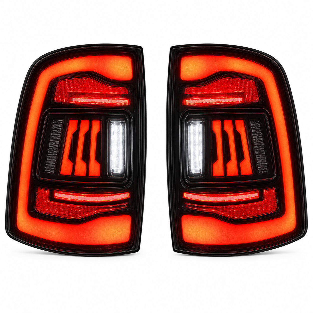 2009-2018 Dodge Ram 1500/2500/3500 Sequential LED Tail Lights — pair clear lit white background - T-RAM09-CW