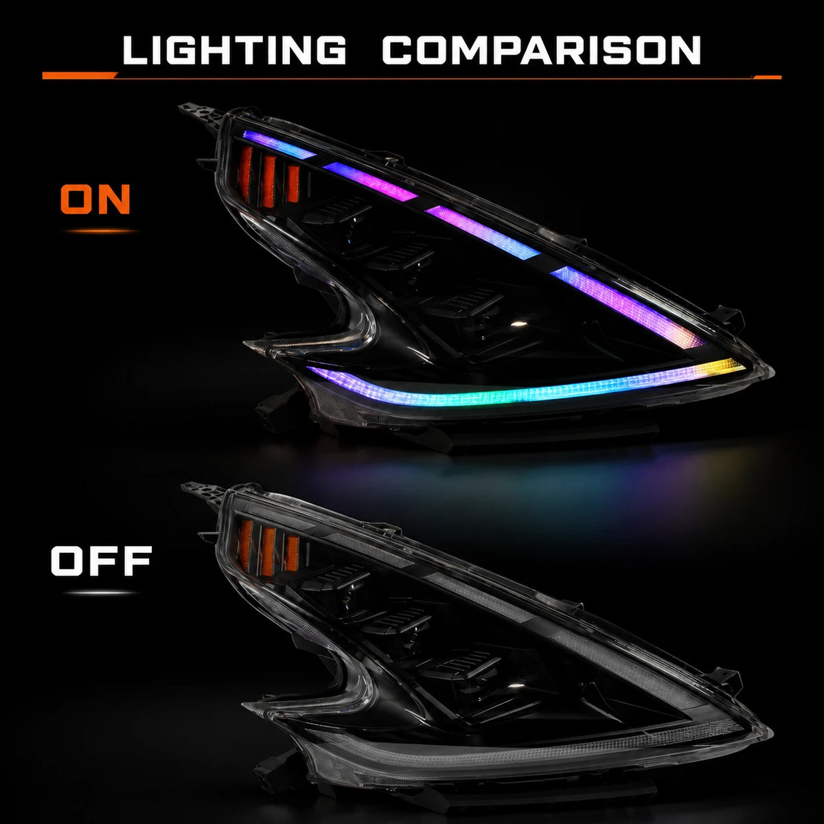 2008-2021 Nissan 370Z Z34 LED Triple Projector Headlights — comparison view — H-370Z08-RGB