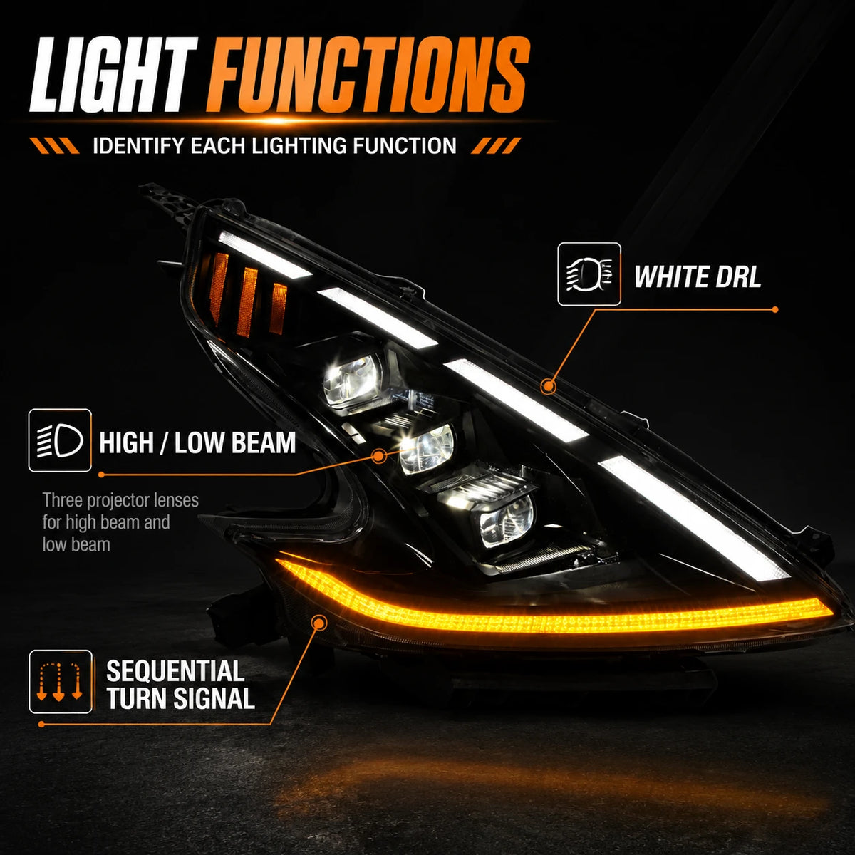 2008-2021 Nissan 370Z Z34 LED Triple Projector Headlights — lighting functions — H-370Z08-RGB