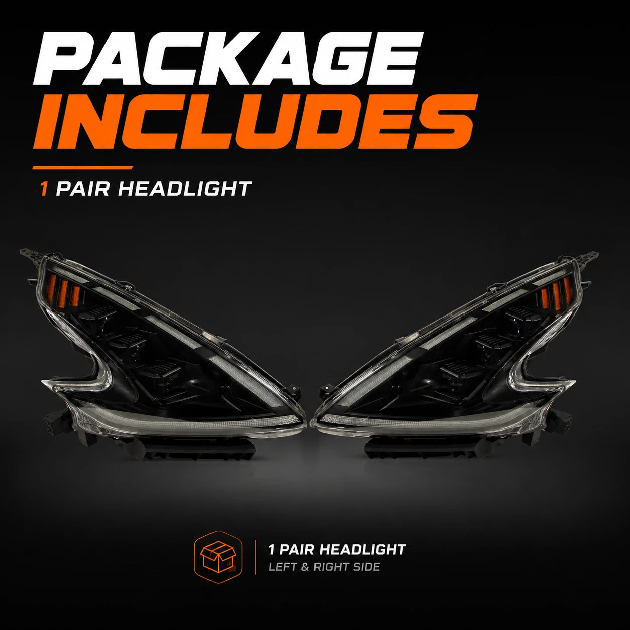 2008-2021 Nissan 370Z Z34 LED Triple Projector Headlights — package contents — H-370Z08-RGB