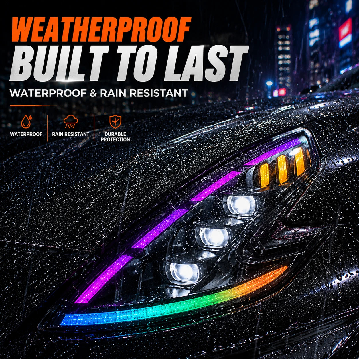 2008-2021 Nissan 370Z Z34 LED Triple Projector Headlights — rain scene — H-370Z08-RGB