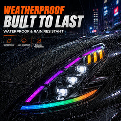 2008-2021 Nissan 370Z Z34 LED Triple Projector Headlights — rain scene — H-370Z08-RGB