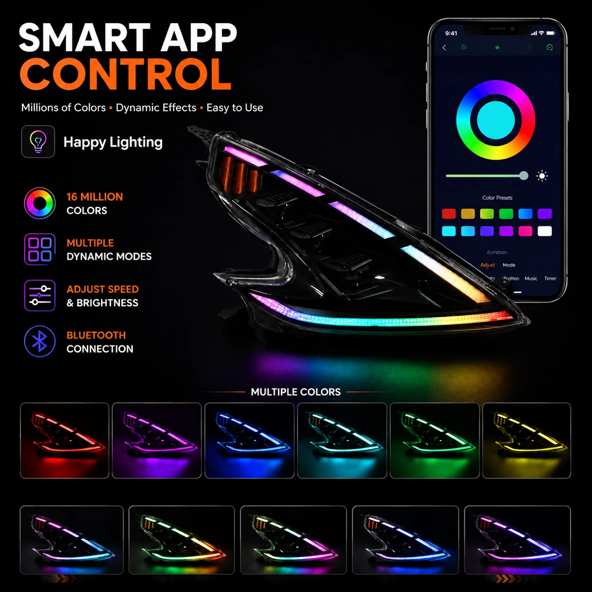 2008-2021 Nissan 370Z Z34 LED Triple Projector Headlights — smart app control — H-370Z08-RGB