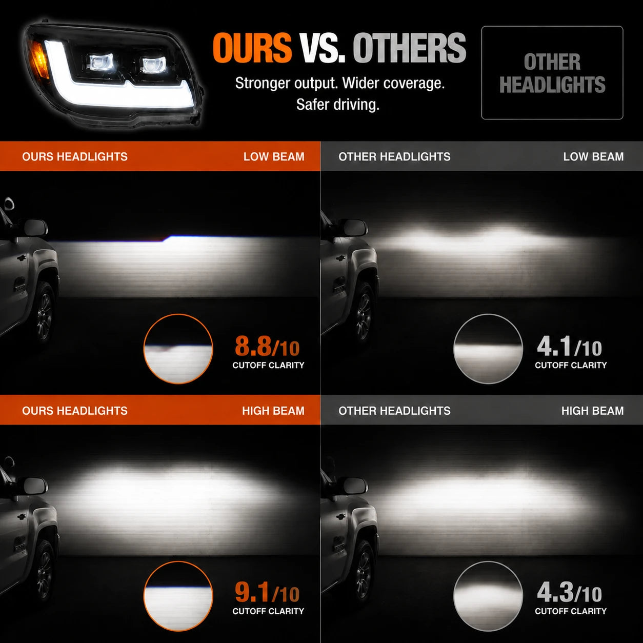 2006-2009 Toyota 4Runner LED Dual Projector Headlights — headlight comparison 2 — H-4RN06-BK