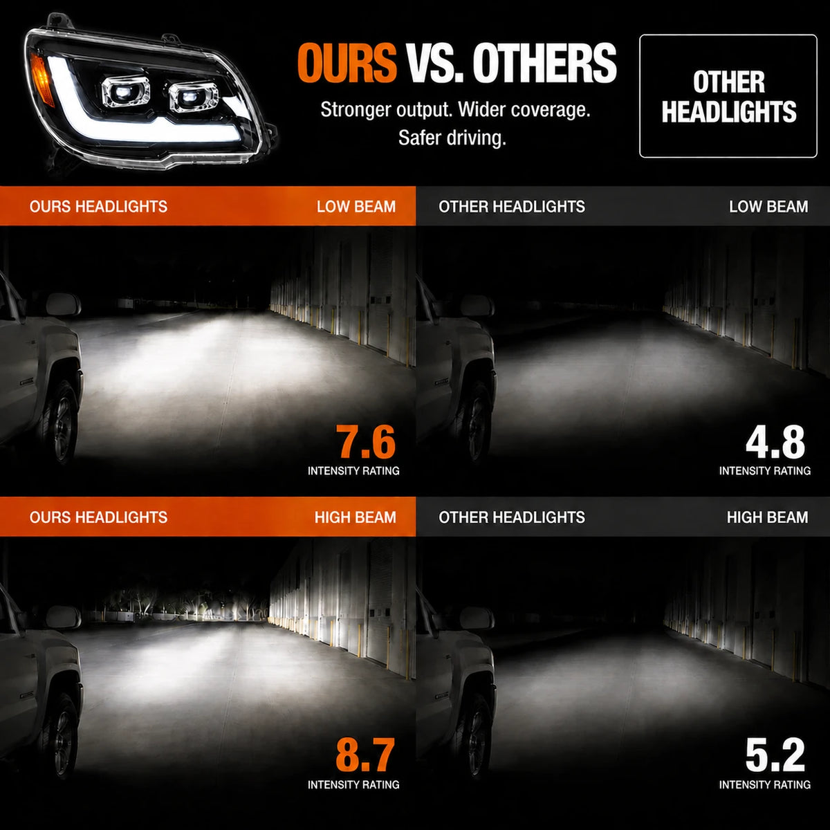 2006-2009 Toyota 4Runner LED Dual Projector Headlights — headlight comparison 1 — H-4RN06-CH