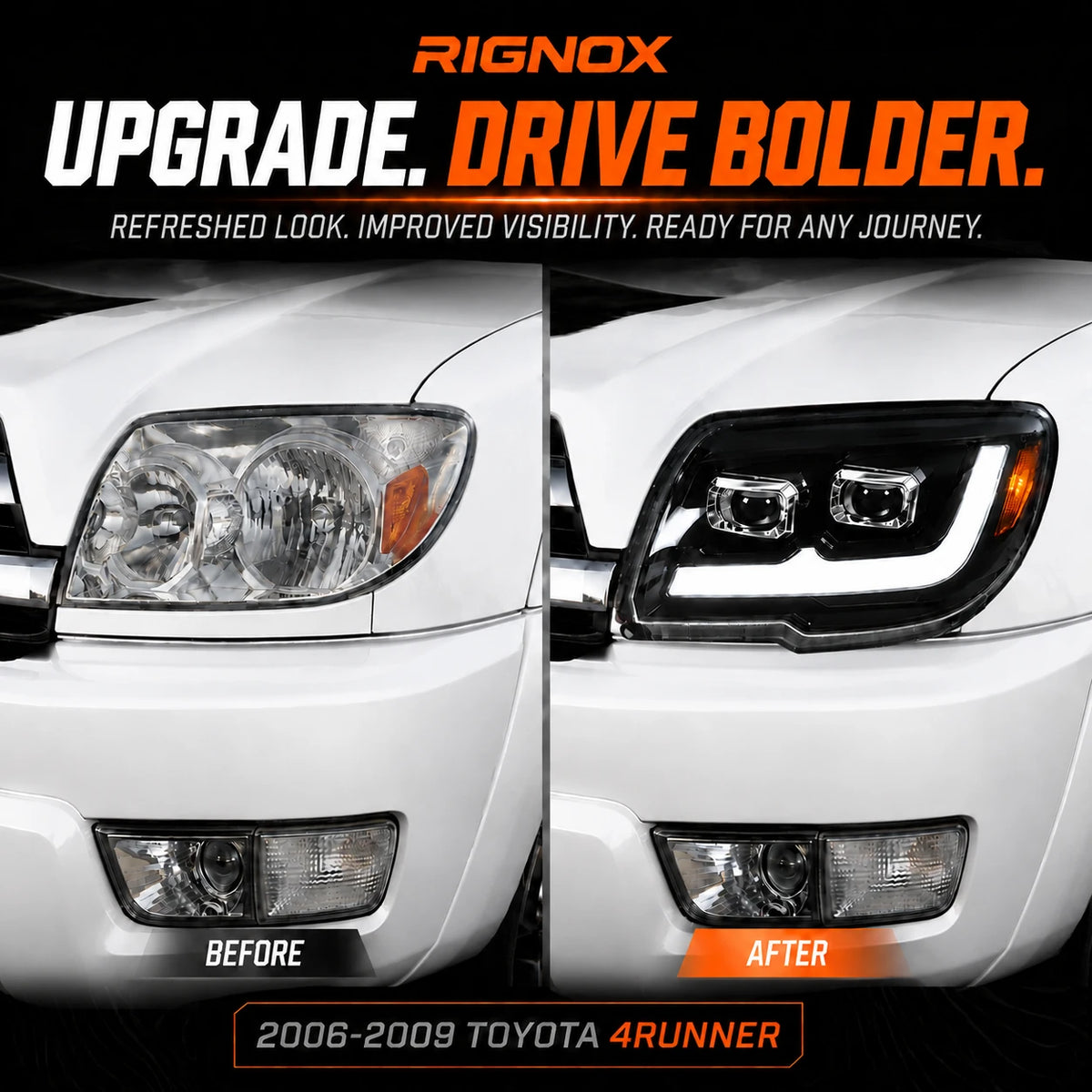2006-2009 Toyota 4Runner LED Dual Projector Headlights — before and after upgrade — H-4RN06-CH