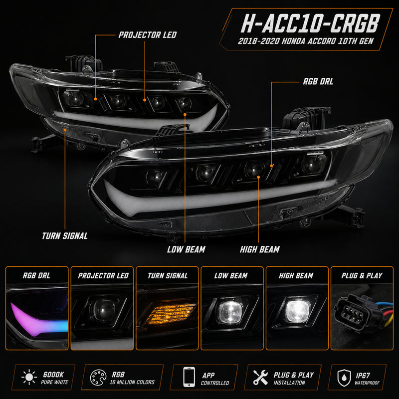 2018-2022 Honda Accord 10th Gen LED Quad Projector Headlights — product view 16 - H-ACC10-CRGB
