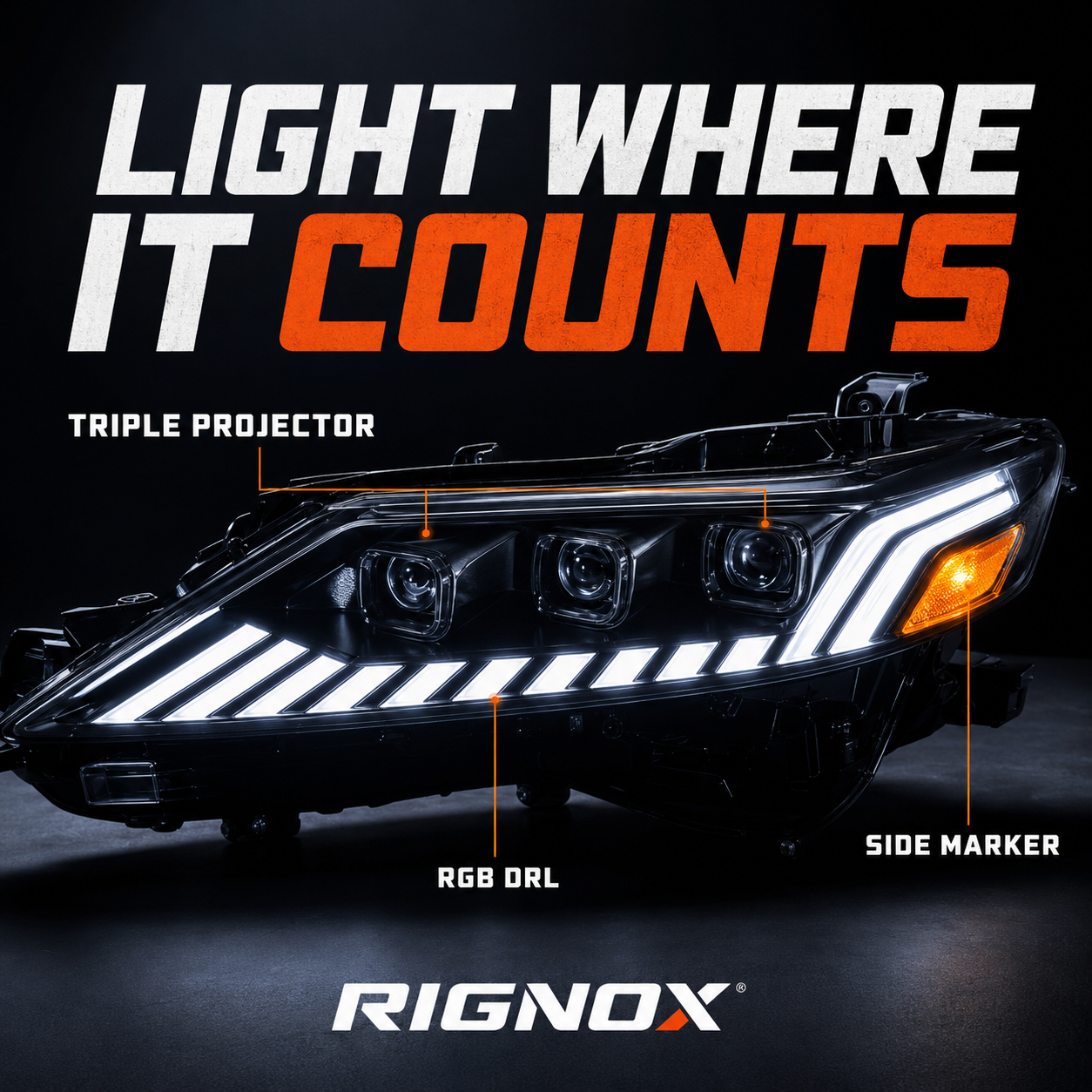 2018-2024 Toyota Camry LED Triple Projector Headlights — product view 29 - H-CAM18-CRGB