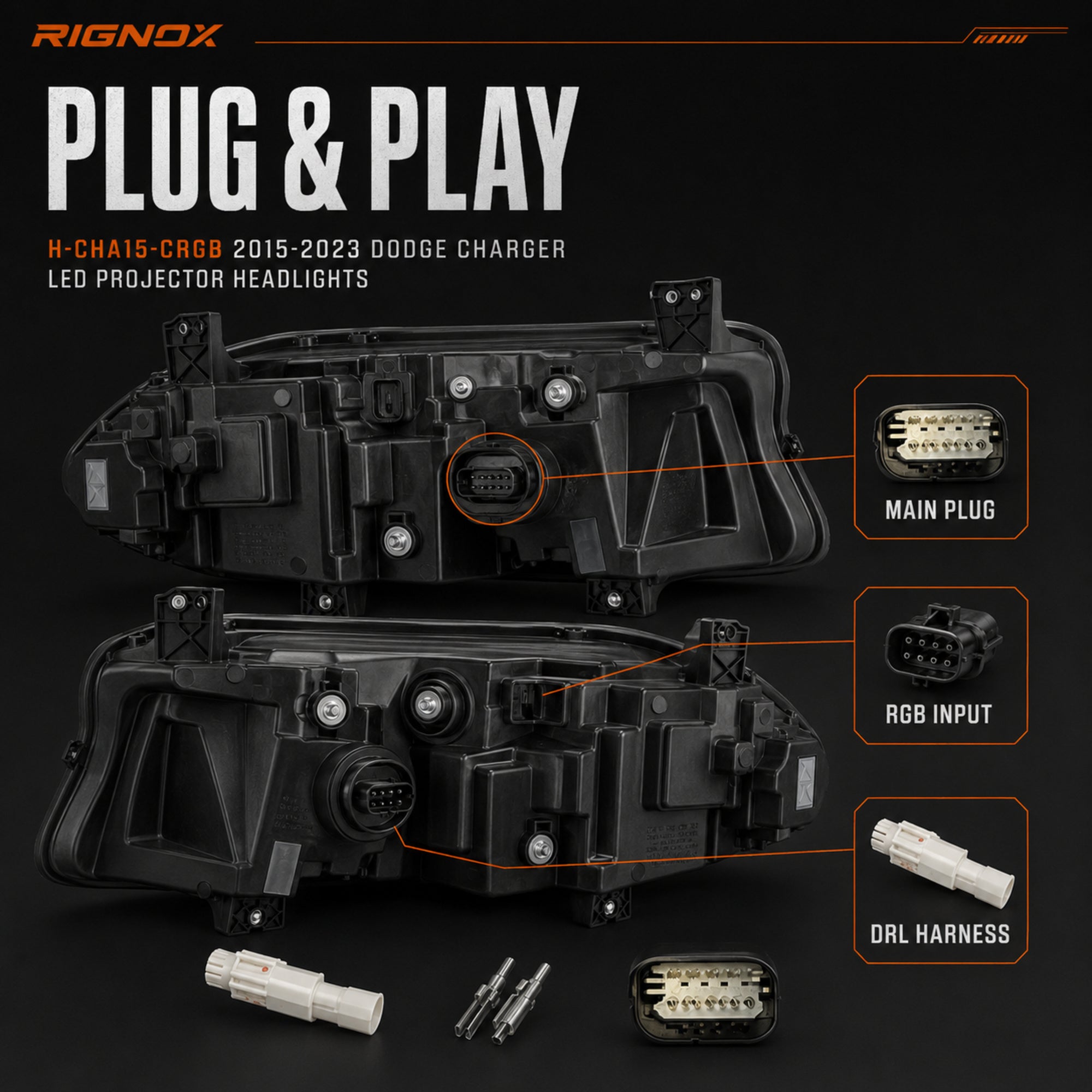 2015-2023 Dodge Charger LED Quad Projector Headlights — product view 29 - H-CHA15-CRGB