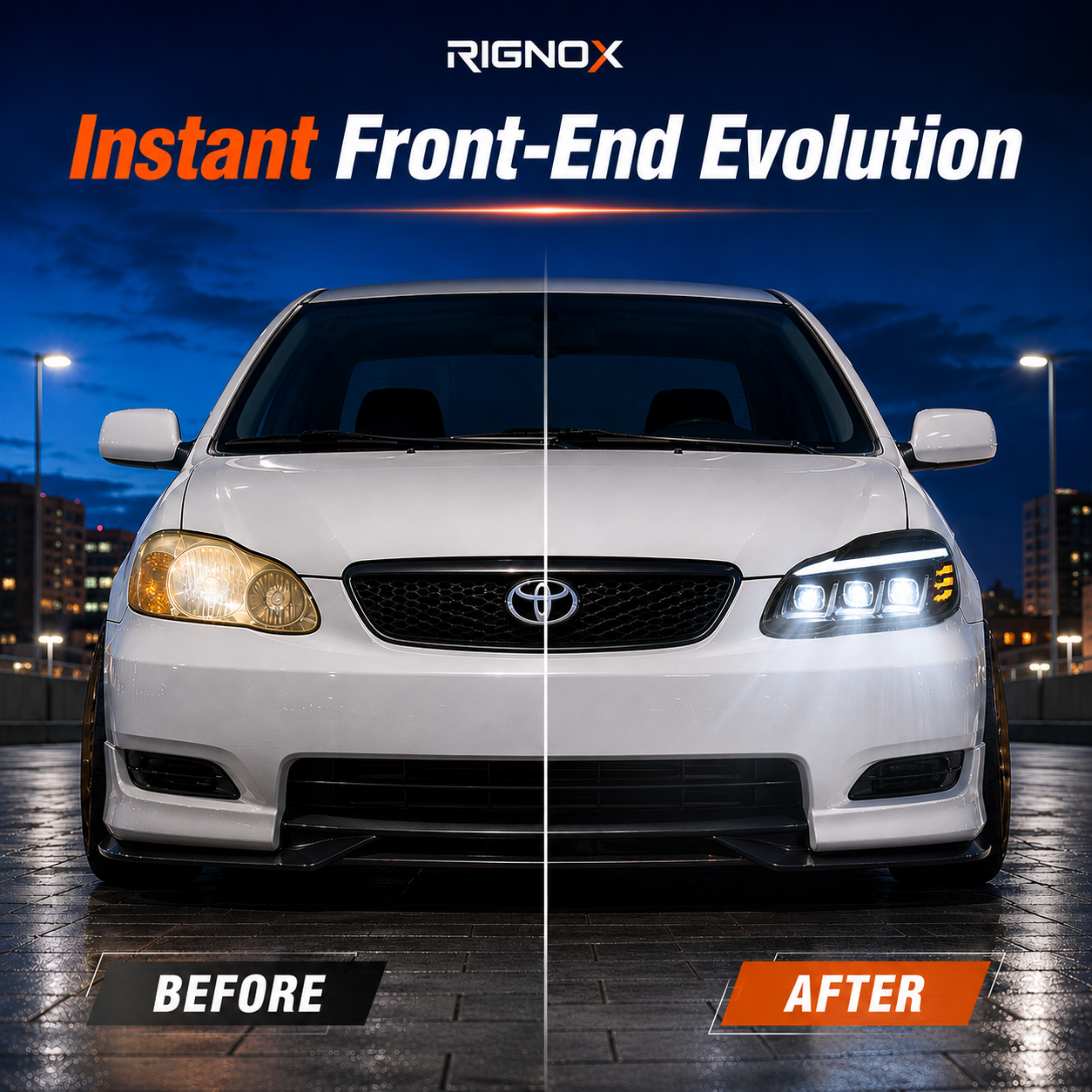 2003-2008 Toyota Corolla LED Triple Projector Headlights — before and after — H-COR03
