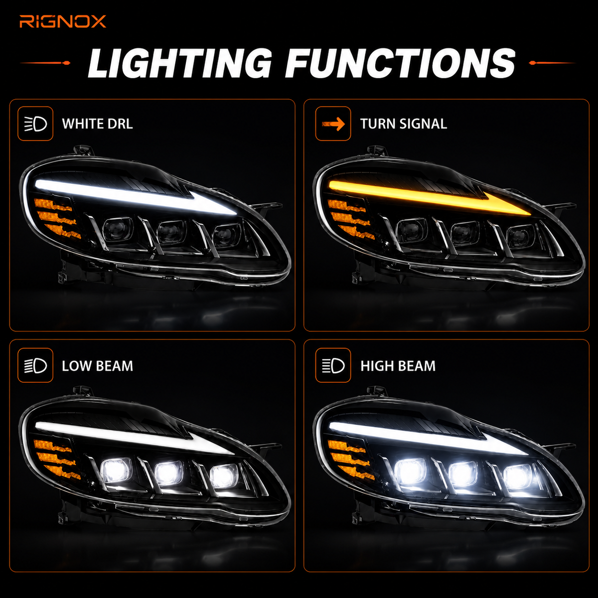 2003-2008 Toyota Corolla LED Triple Projector Headlights — lighting functions — H-COR03