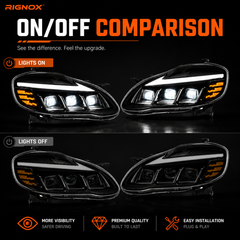 2003-2008 Toyota Corolla LED Triple Projector Headlights — lens lit and unlit — H-COR03
