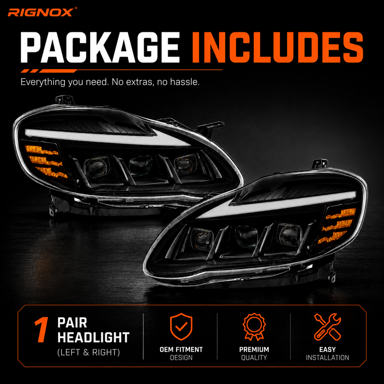 2003-2008 Toyota Corolla LED Triple Projector Headlights — package contents — H-COR03