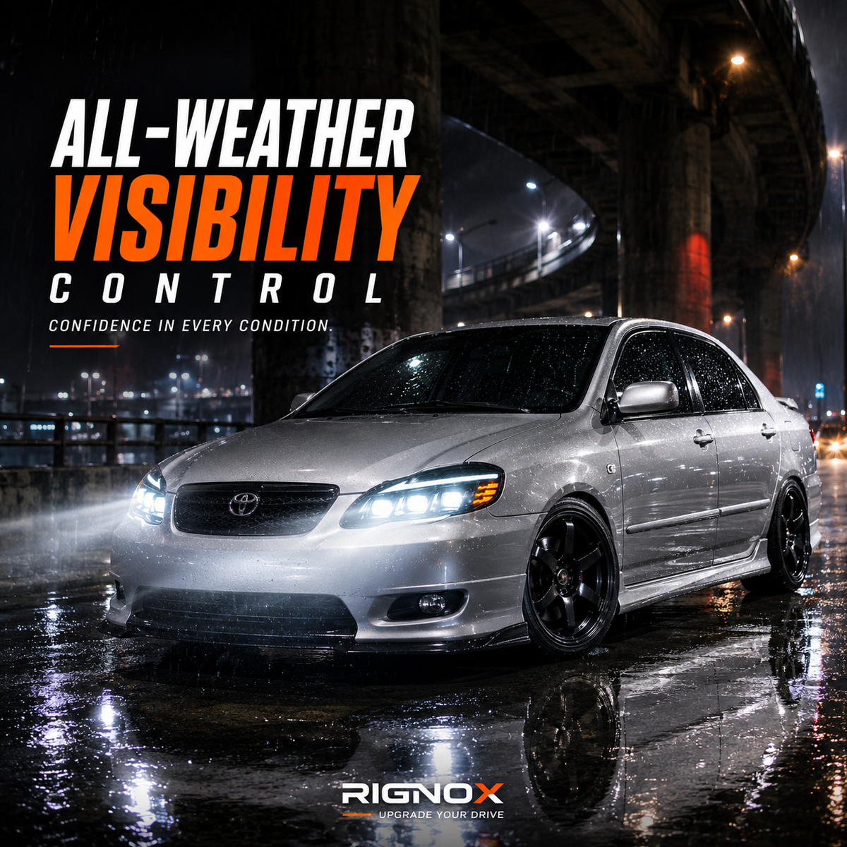 2003-2008 Toyota Corolla LED Triple Projector Headlights — rainy night scene — H-COR03