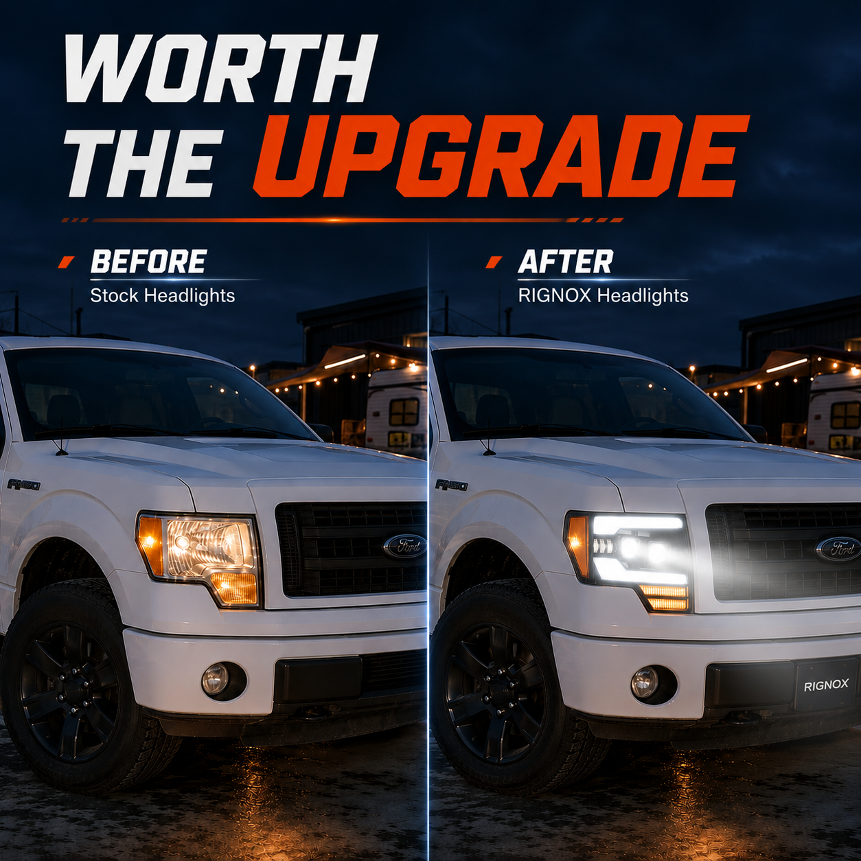 2009-2014 Ford F-150 LED Dual Projector Headlights — before and after — H-F150-09